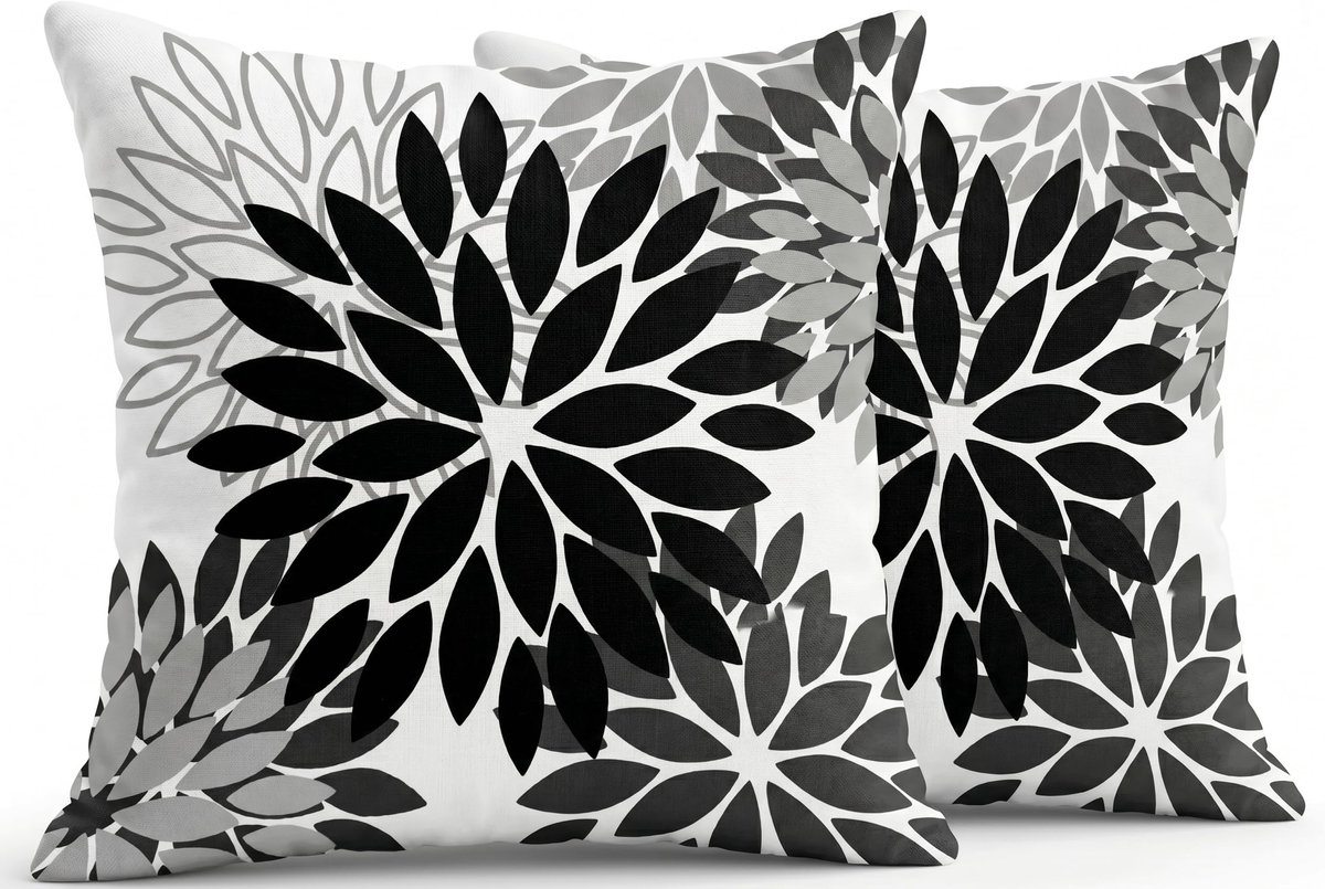 Set van 2 kussenslopen, 45 x 45 cm, modern bloemensierkussen, dubbelzijdig patroon, zwart, bankkussen, dahlia, outdoor kussen, linnen, decoratieve kussenslopen voor bank, tuin, woonkamer, bed