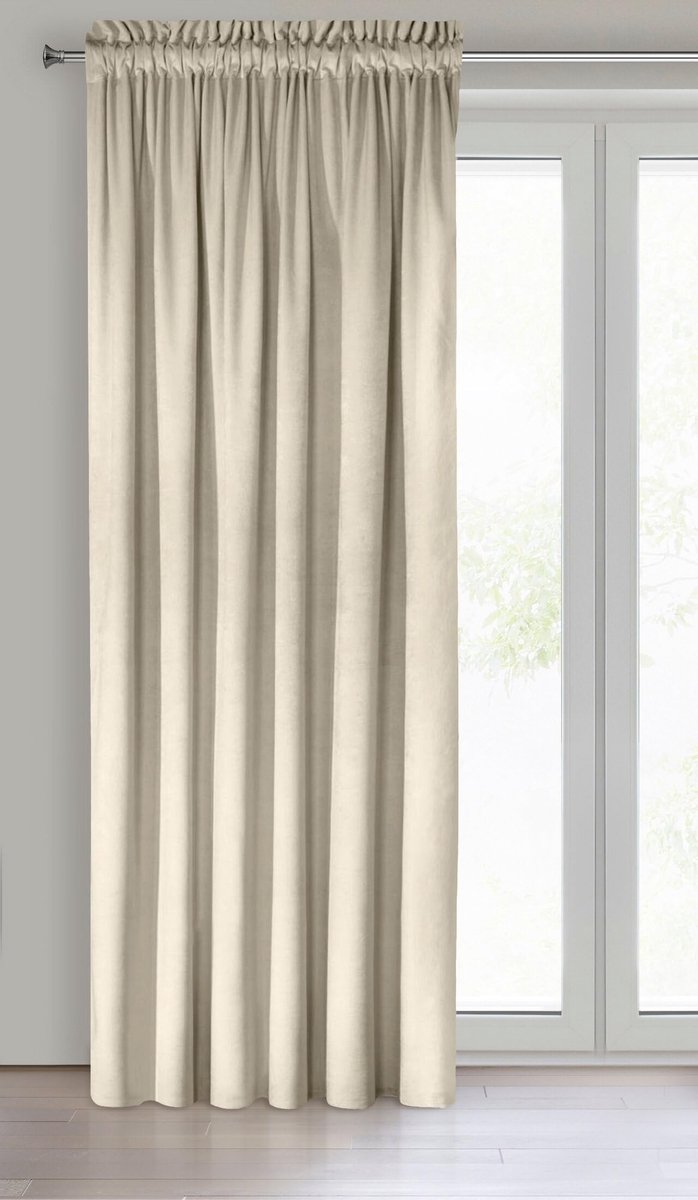 Gordijn, fluweel, plooiband, 1 stuk, zacht, edel gordijn, 200 g/m², elegant, glad, effen, wollig, modern, klassiek, woonkamer, slaapkamer, 140 x 270 cm, crème