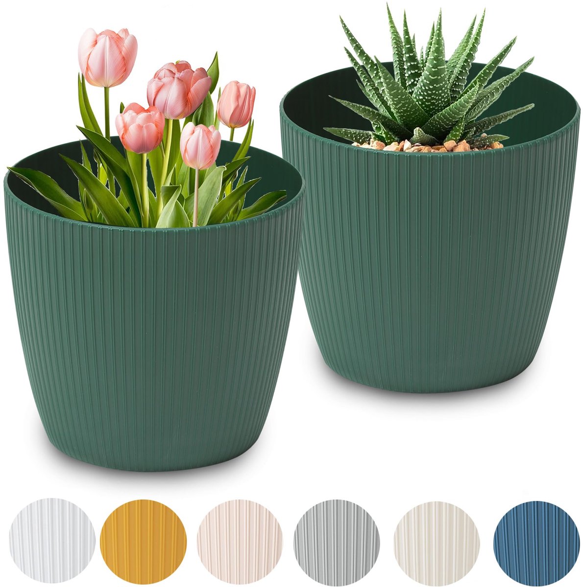 Plantenpot voor bloemen & kruiden - Duurzame & lichte ronde kunststof plantenpotten voor woon- & eetkamer, keuken, terras, balkon - set van 2 - (Groen, Ø 16 cm)