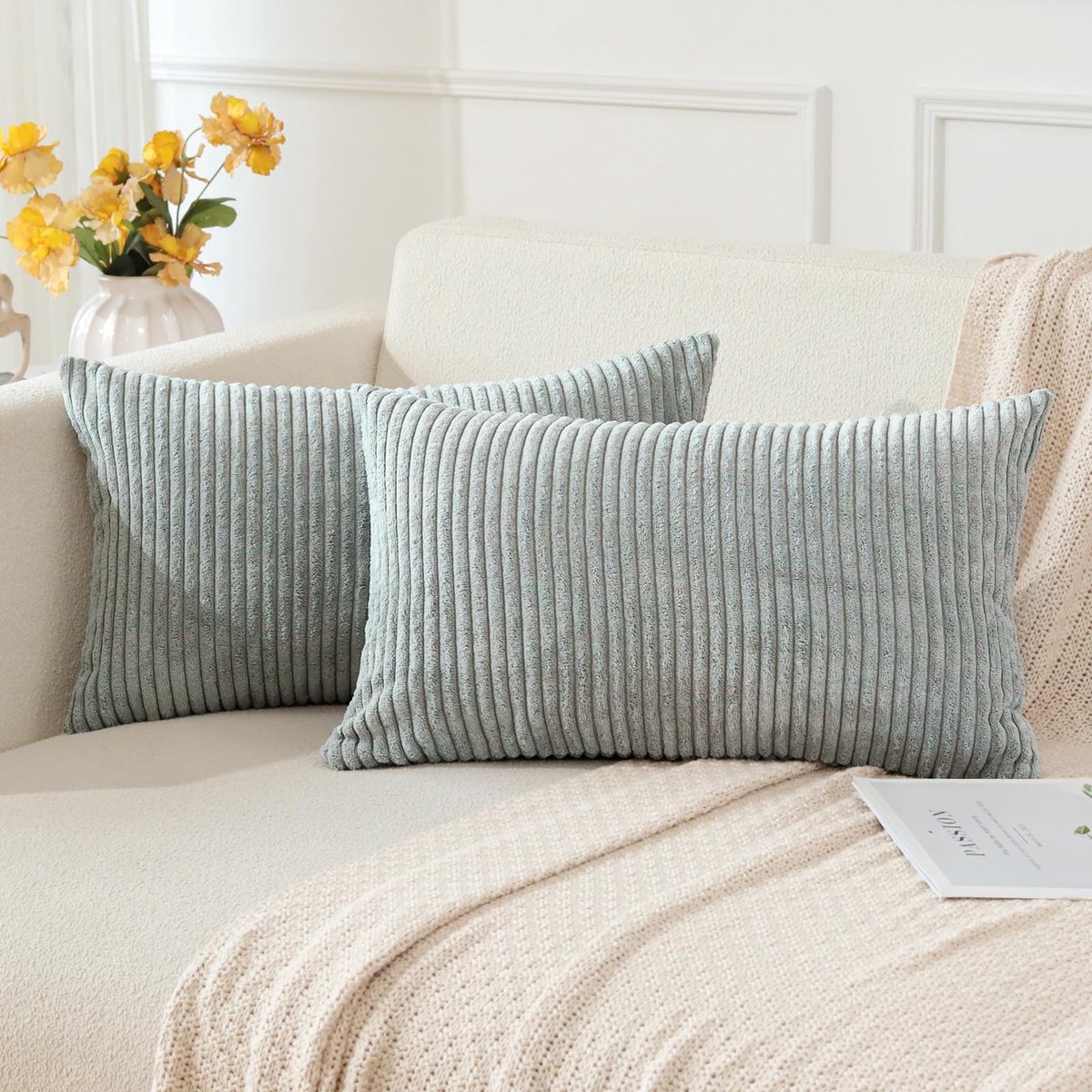 Set van 2 zachte corduroy gestreepte kussenslopen 30x50 cm, boho, decoratieve kussenslopen, lendenkussensloop, bank, woondecoratie kussenslopen voor bank of slaapkamer, 12x20 inch (grijsblauw)