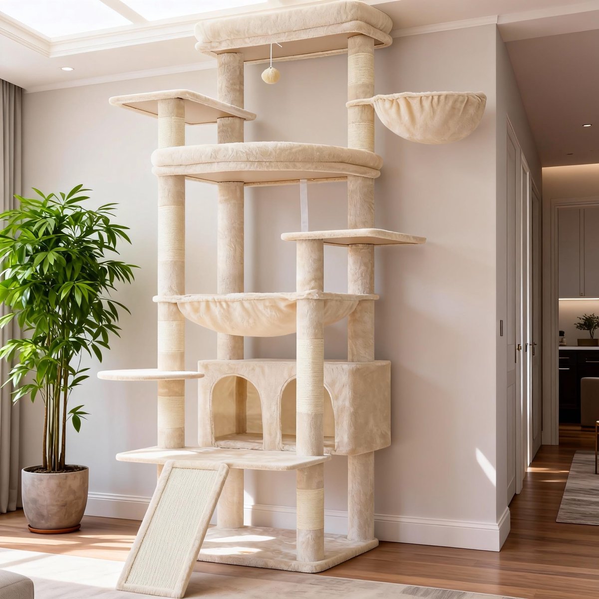 HCT038M Krabpaal, 202 cm, groot, met 2 extra grote knuffelplatforms, krabplank, grote holten, mand, sisalstam, hangmat, geschikt voor volwassenen en katten, beige