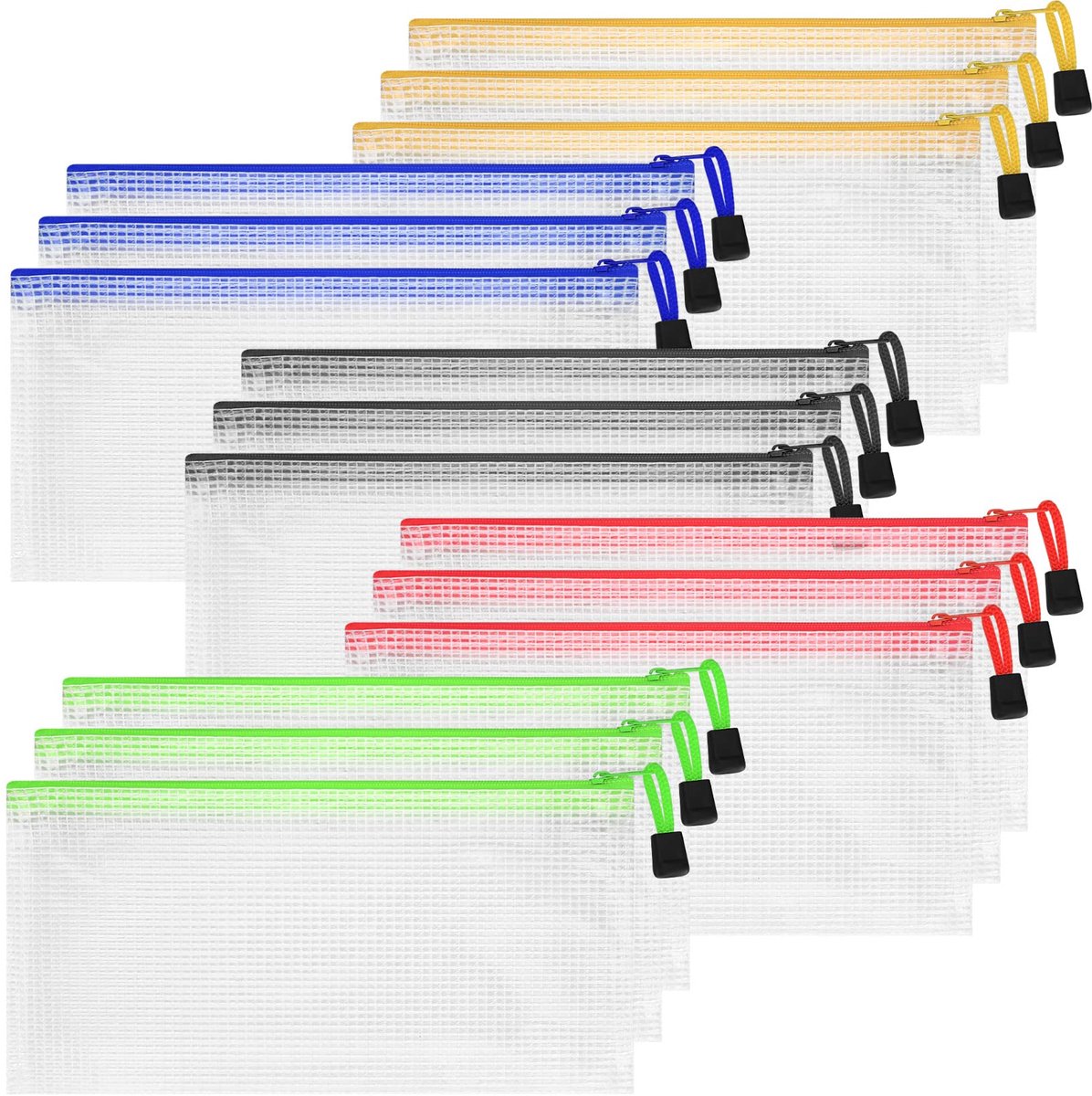 15 stuks A6 documententassen, mapmappen met rits, net rits plastic zakken voor documenten, papier, make-up, kleurzakken