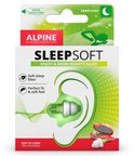 Verpakking van Alpine SleepSoft oordoppen met afbeelding van een oor en oordopjes. Met teksten 'Noise Reduction', 'EARPLUGS', 'Soft sleep filter' en 'Perfect fit & soft feel'.