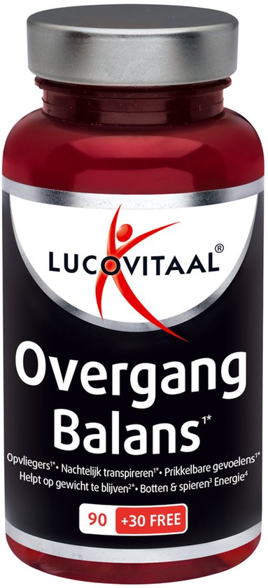 Lucovitaal Overgang Balans pot met rode dop en zwarte tekst.