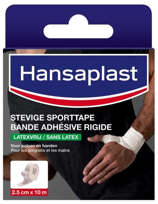 Hansaplast stevige sporttape, 2.5 cm x 10 m, latexvrij, voor polsen en handen.