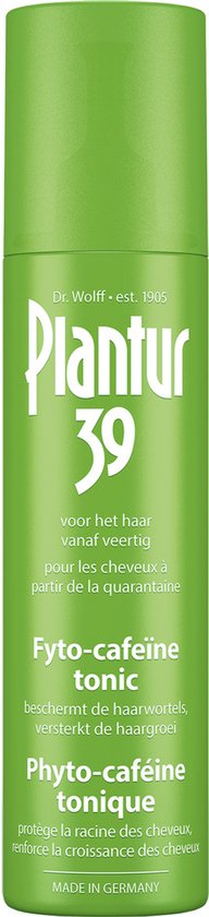 Groene fles Plantur 39 Fyto-cafeïne tonic. "voor het haar vanaf veertig". Beschermt haarwortels, versterkt haargroei.