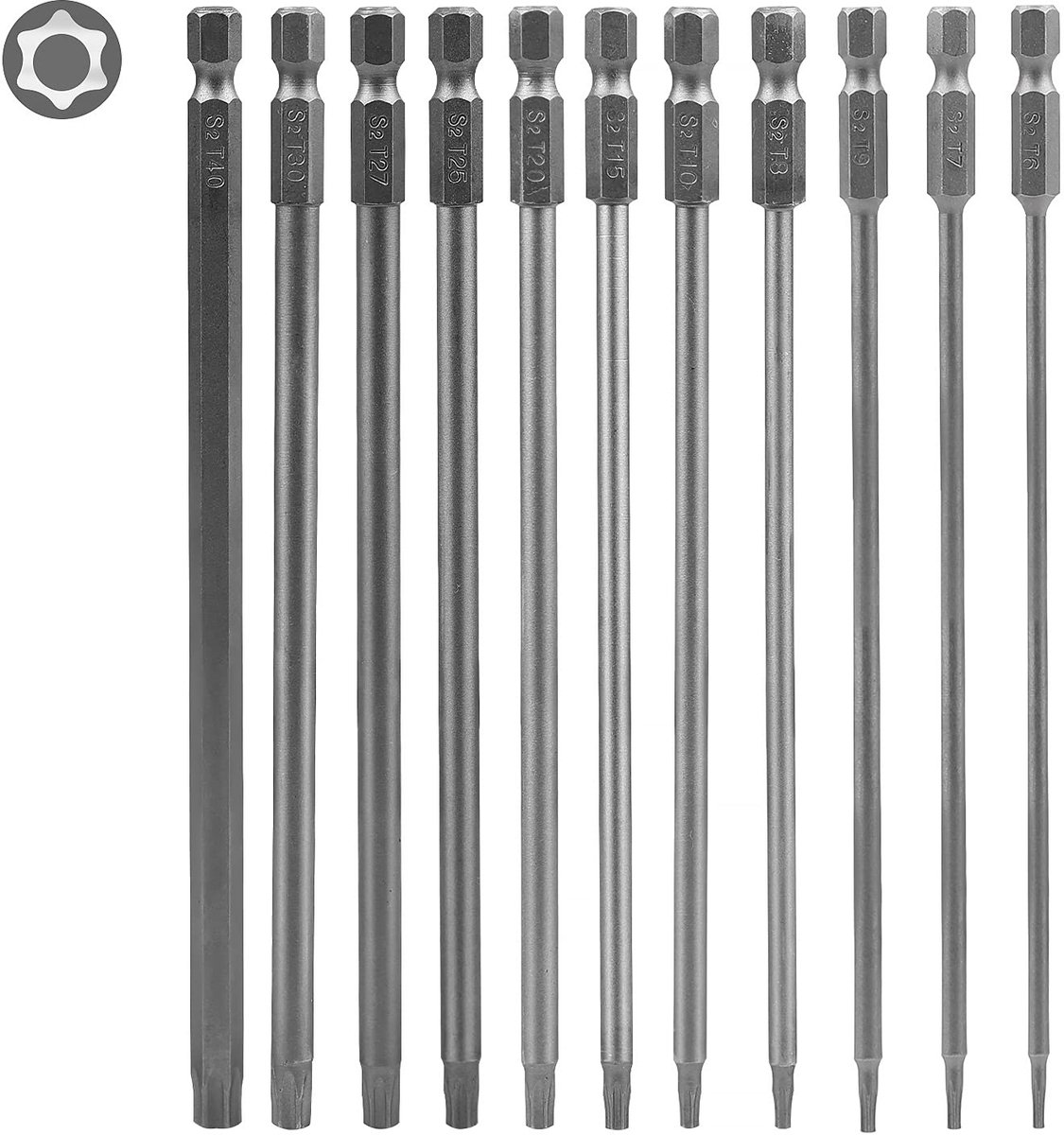 Torx-bits, 11 stuks, 150 mm lang, lange torx-bit T6, T7, T8, T9, T10, T15, T20, T25, T27, T30, T40, S2 staal, sterkop