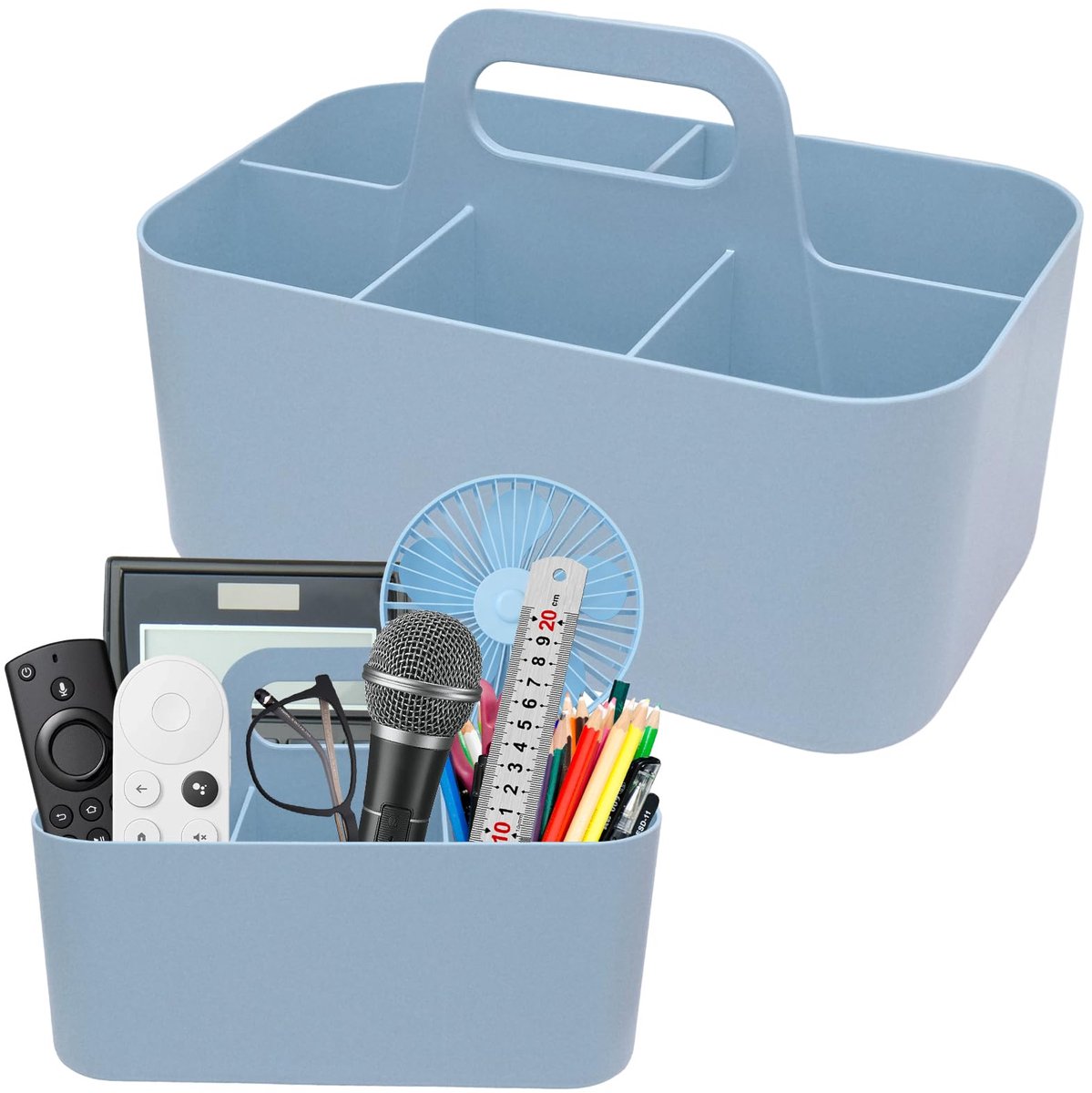 Mand met handgreep - Opbergmand van plastic, multifunctioneel, met 5 compartimenten - Stapelbaar schoonmaakmandje - Bureaumand voor kunst, make-up, kantoorartikelen - 24 × 15 cm