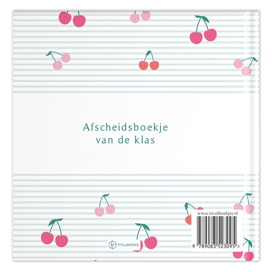 Achterkant van een afscheidsboekje met een mintgroene gestreepte achtergrond en kleine roze en rode kersen. De tekst 'Afscheidsboekje van de klas' is zichtbaar.