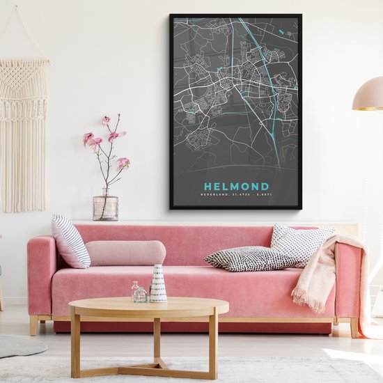 Poster in lijst - Fotolijst 80x120 cm - Posters - Plattegrond - Helmond - Grijs - Blauw - Posterlijst zwart - Decoratie - Wanddecoratie woonkamer - Muurdecoratie slaapkamer