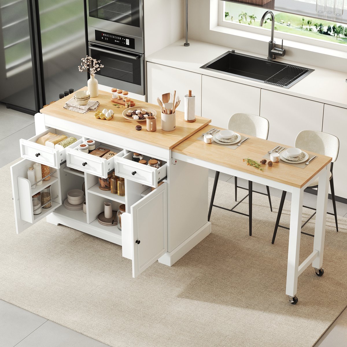 Keukeneiland op wielen - Uitschuifbare eettafel - Met kruidenrek en laden - Vrijstaand en