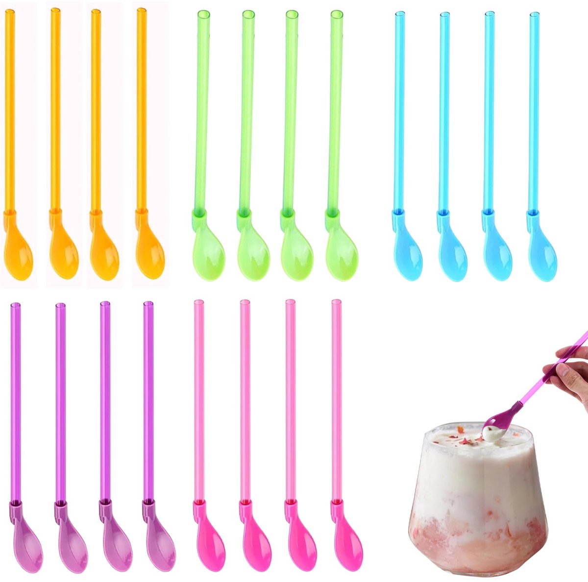 Rietjeslepels, 2-in-1 lepel rietjes, plastic lepels voor cocktails, smoothies, milkshakes