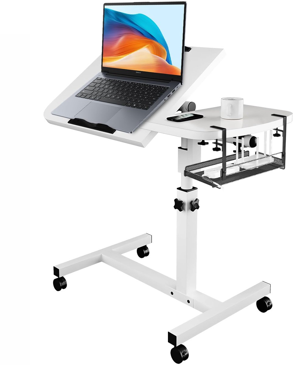 laptoptafel met kantelbaar, gedeeld schrijfoppervlak, wielen en afneembare opbergmand, geschikt voor thuiskantoor, werkkamer, lezen en vrije tijd, 65 - 95 cm