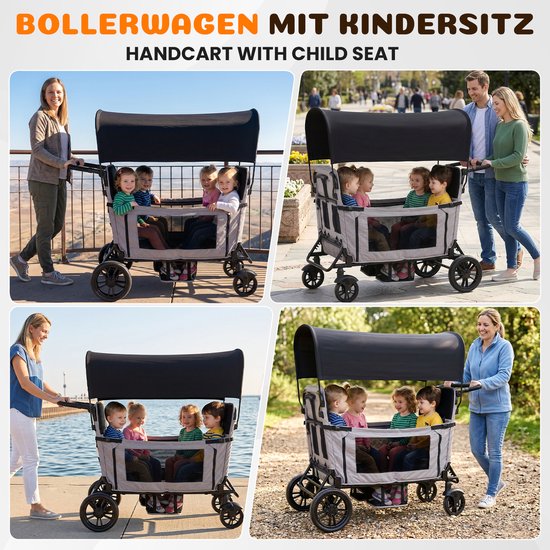 Lichtgrijze vouwbare bolderkar, 4 zitplaatsen, omzetbaar naar ligbed, 8-voudige handgreepverstelling, met zonnedak, dienblad, terreinwielen (PU), zijtas en bekerhouder. — afbeelding 5
