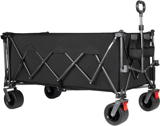 Deze opvouwbare handkar (zwart) met 300L+120L inhoud en achterklep, 180 cm lang, heeft extra brede 17x10 cm terreinwielen. Perfect voor tuin, boodschappen, strand en buitengebruik. — afbeelding 3