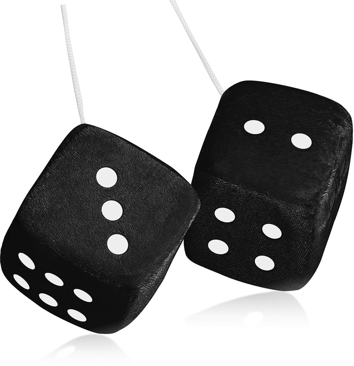 Fuzzy dobbelstenen voor achteruitkijkspiegel, 2 stuks zwarte pluizige pluche dobbelstenen voor autospiegel, retro vierkante hangende dobbelstenen met witte stippen, schattige auto-hangende