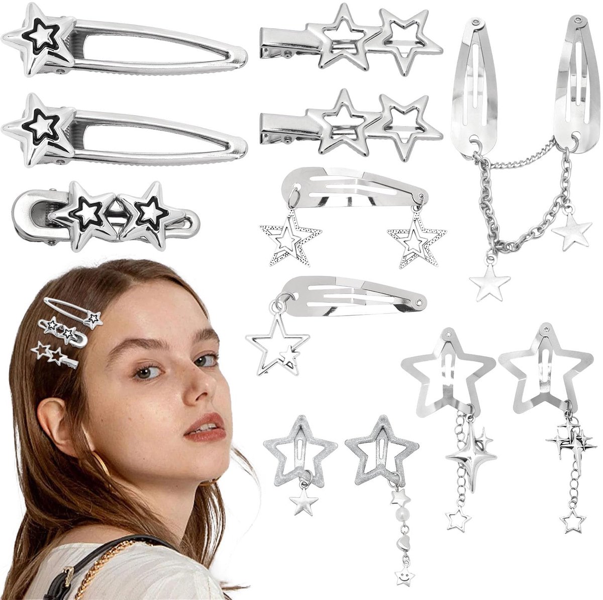 Haarclips Zilver Metalen Snap Clips, Punk Goth Haaraccessoires voor Dames Meisjes, Coole 2000s Mode Accessoires voor Feest Festival Concert