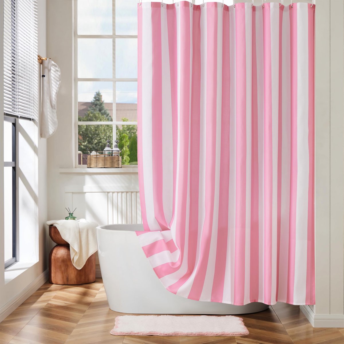 Verticaal gestreept douchegordijn, schattig retro vintage gestreept badkamer douchegordijn, waterdichte polyester stof modern badgordijn voor badkamer 183 x 183 cm roze