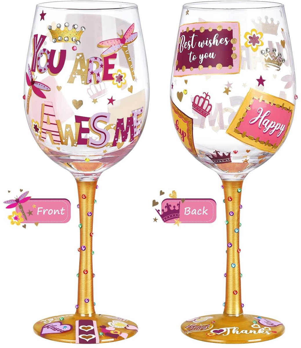 Dailygoods- Wijnglas Handgeschilderd 15oz - Uniek Ontwerp - Geschenkdoos - Patroon You are Awesome - Kristalglas - Verzamelwaardig