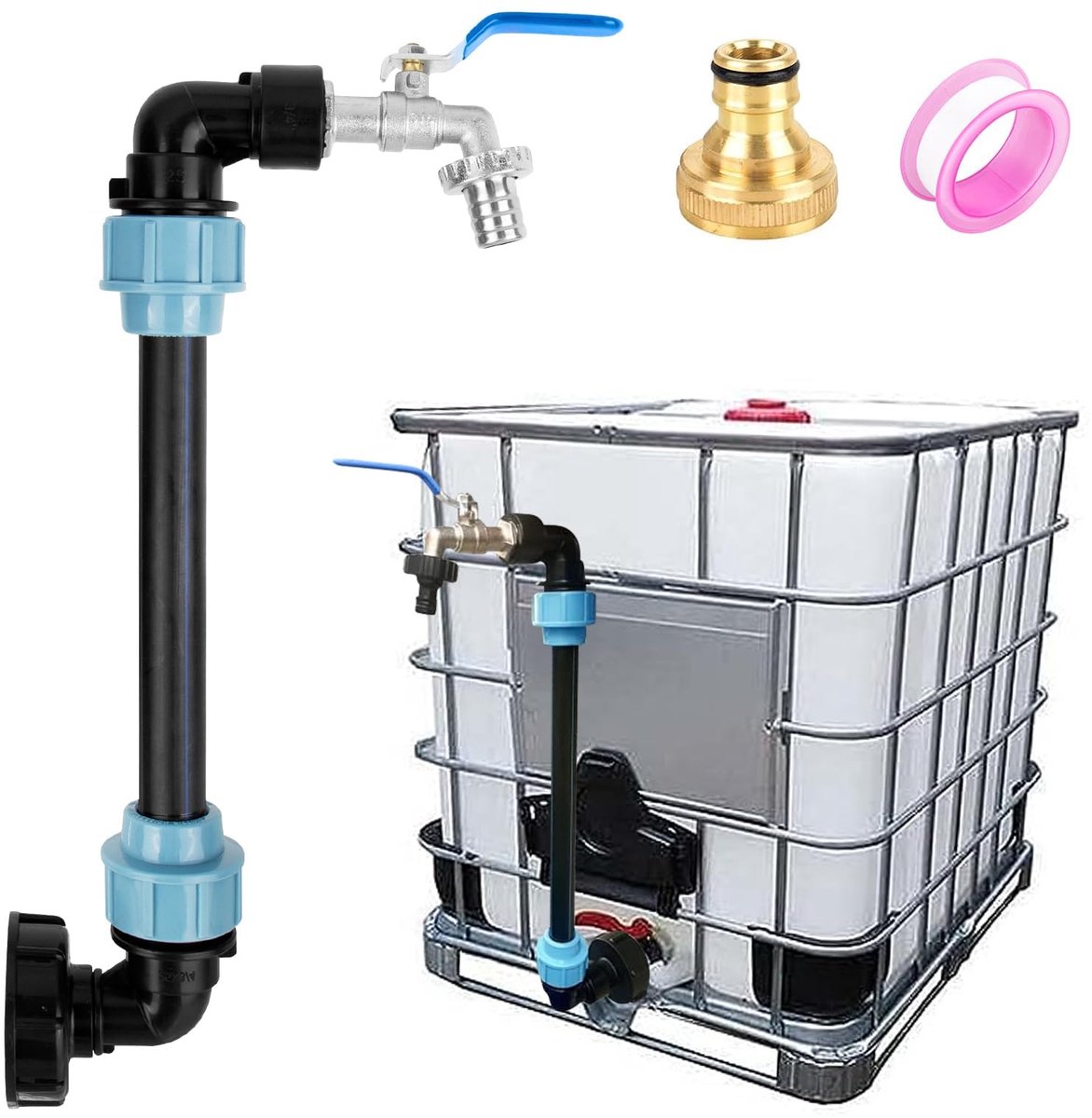 Adapter with Gooseneck Brass Faucet for 1000L Rainwater Tank - S60 x 6 Shut-Off Tap 3/4 Inch