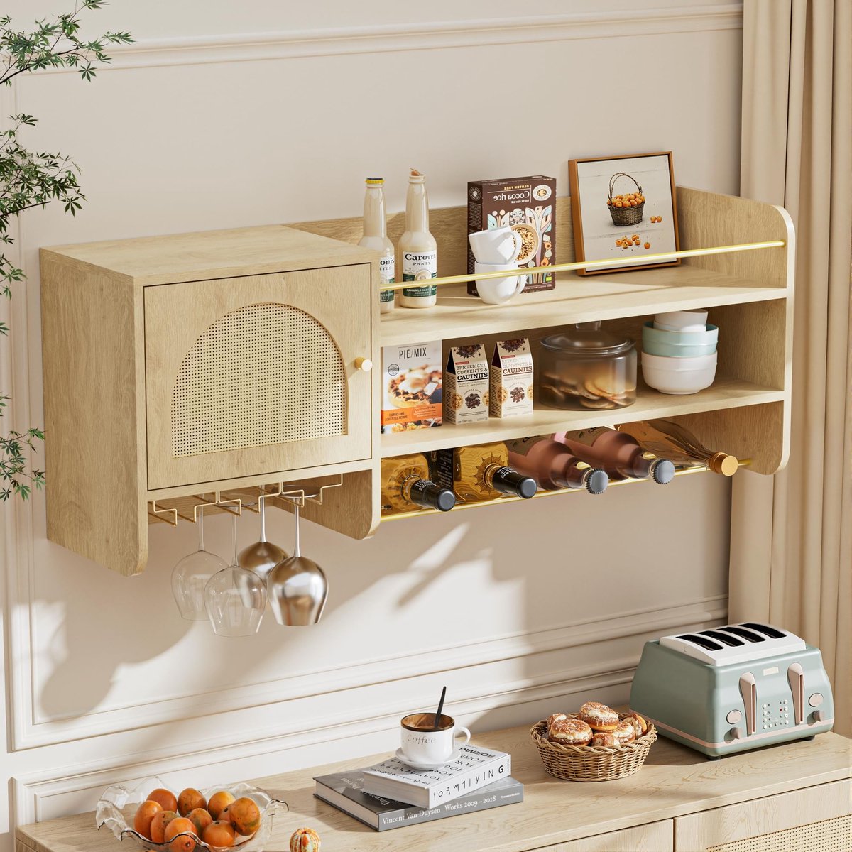 Dailygoods - Wijnkast met Verstelbare Wijnrekken - Natuurlijke Houtlook Drankopslag voor Eetkamer