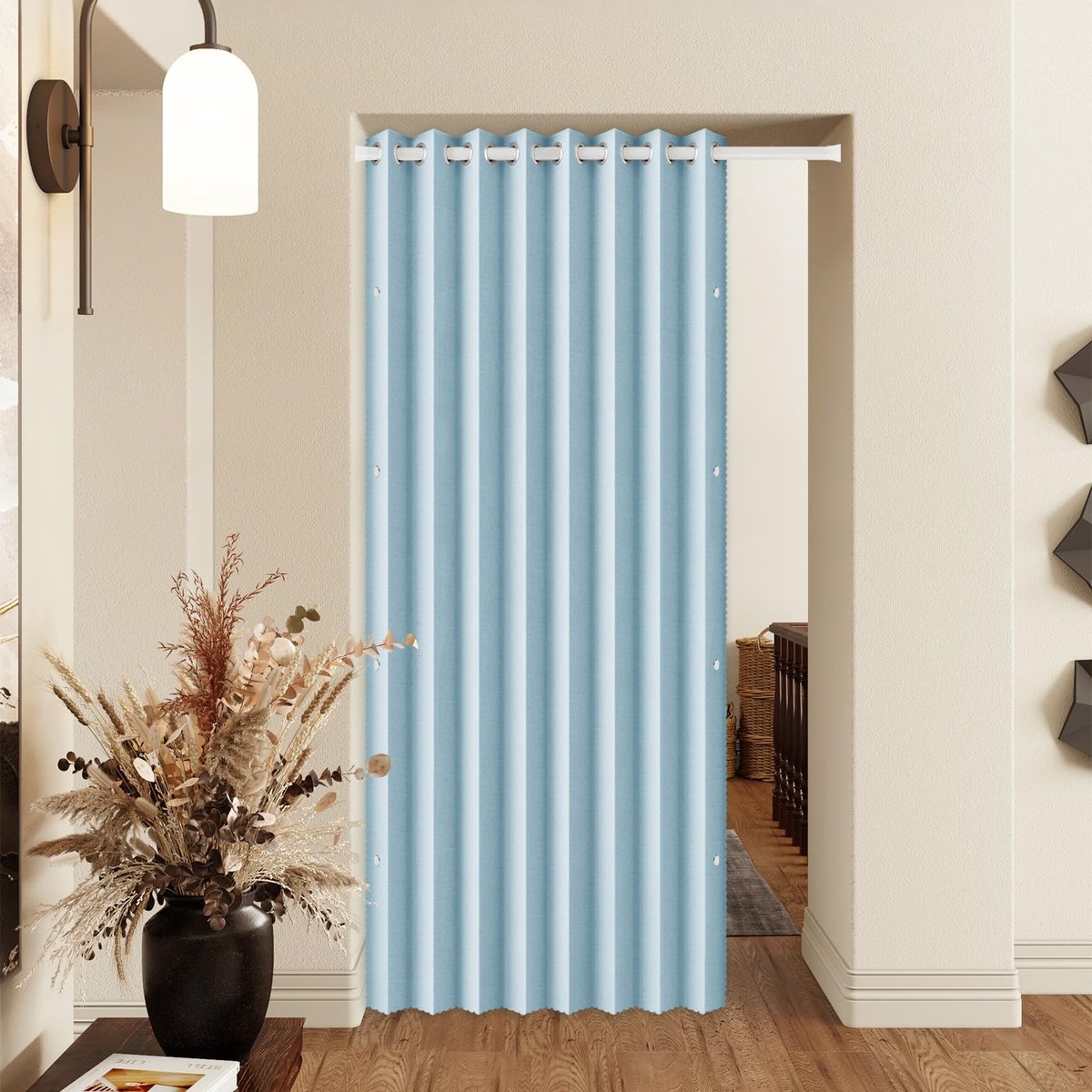 Deurgordijn met verstelbare stang, eenvoudige montage, zonder boren, ideaal voor woonkamer, slaapkamer, keuken, blauw
