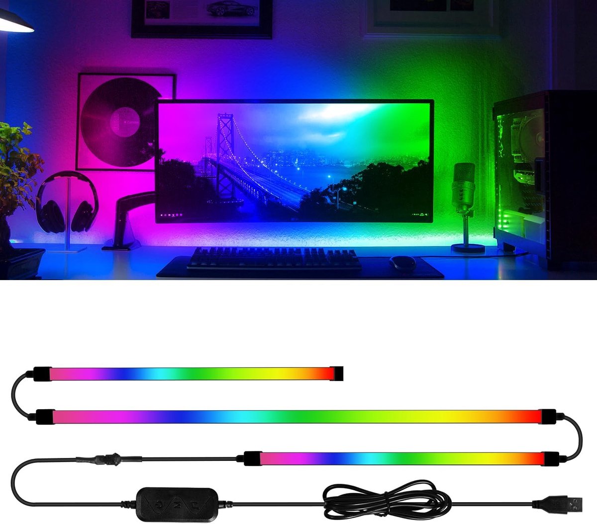 zurabini - 3-Zijdige RGBIC LED Achtergrondverlichting - Monitor Verlichting Systeem - LED Strip Set - Real-Time Schermkleurvolging - 7 Muziek En Scene Modi - Zelfklevend Kunststof Met LED Chips - Kleursynchronisatie Via Software