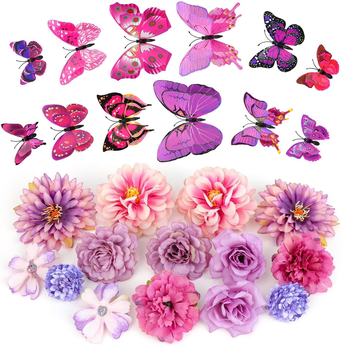 Dailygoods- Kunstmatige Bloemhoofden 14 Stuks - 3D-Vlinderset 12 Stuks - Nepbloemen voor Ambachten - Bruiloft/Feest Decoratie - Zijde/Kunststof - Herbruikbaar - Kunstbloemen