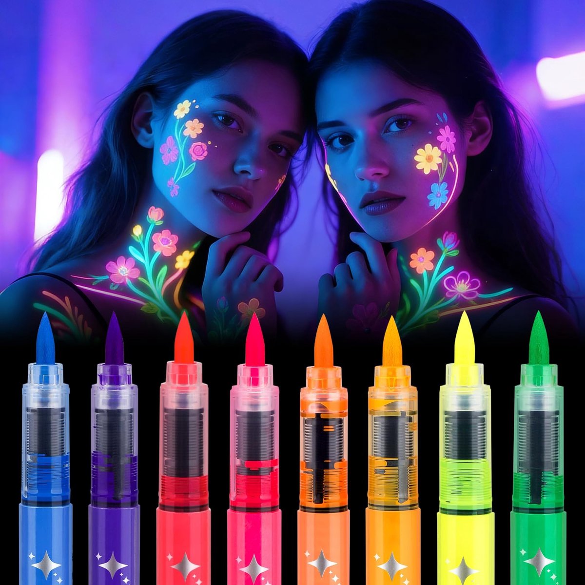Dailygoods- Kleurpennen set van 8 - Fluorescerend Neon - Zweet- en Waterbestendig - Glow in the Dark - Make-up en Bodypainting - Levendige Kleuren - Neon Stiften