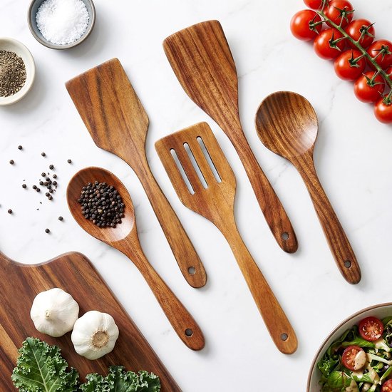 5 Stks Beste Houten Lepels Voor Koken Keukengerei Set Acacia Hout Koken Spatel Turner Niet Giftig Gebruiksvoorwerp Slotted Serveerlepel Platte Spatels Set Houten Gebruiksvoorwerp Mengen Koken Lepel — afbeelding 3
