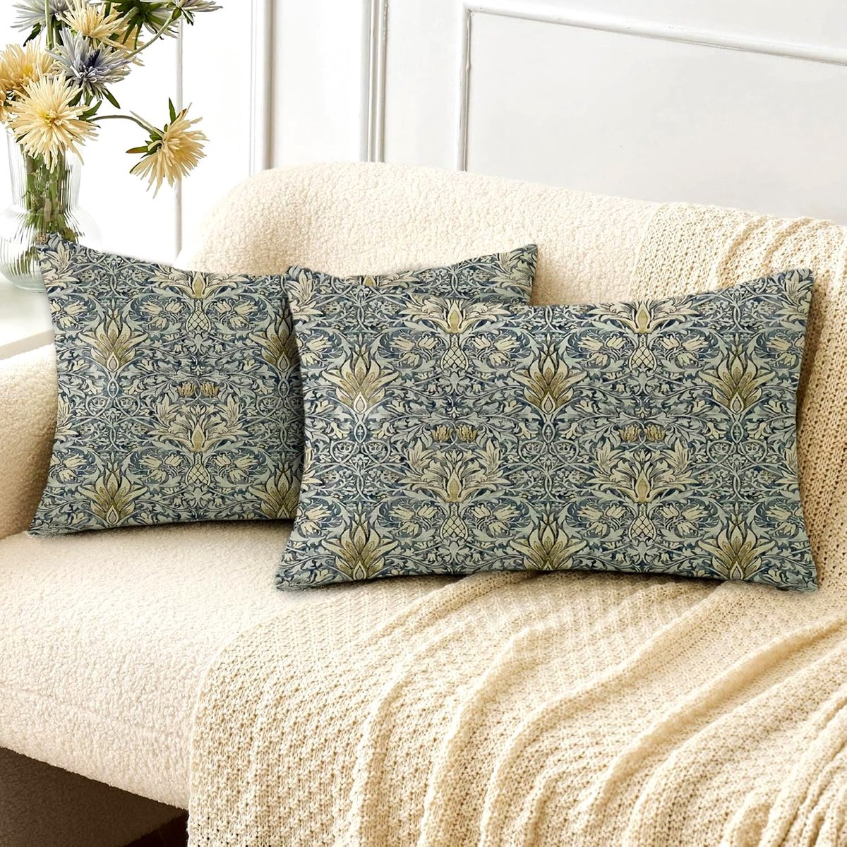 Set van 2 rechthoekige lange en langwerpige kussenslopen van William Morris - 30 x 50 cm - Vintage decoratie - Grijs - Woondecoratie voor bank, bank en bank