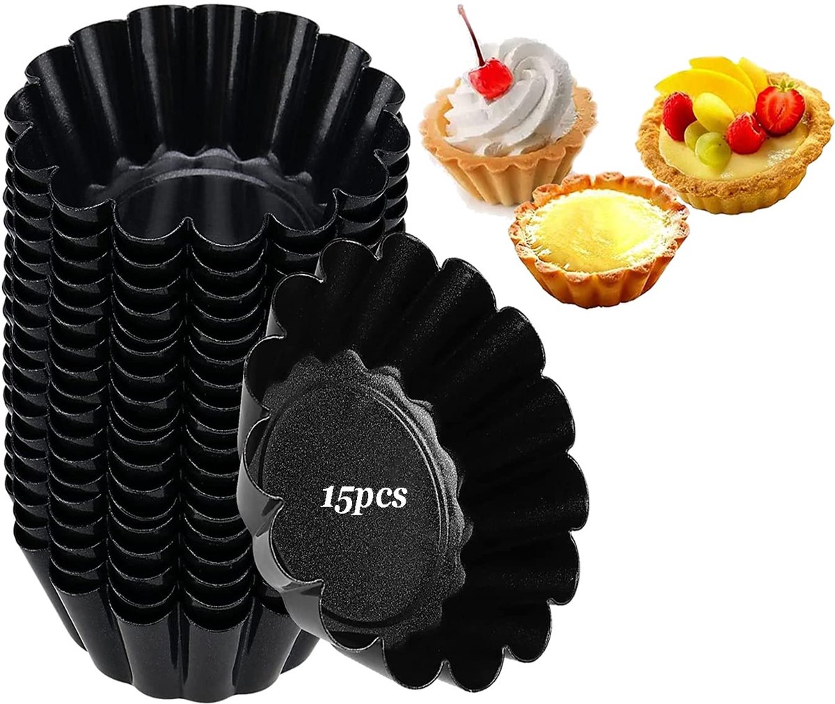 Muffinvorm, 15 stuks Mini Tartevormen uit Koolstofstaal, Cakevormen, Törtchenvormen, Antiaanbaklaag Muffinvorm Koolstofstaal Tartelette Vormen, Herbruikbaar