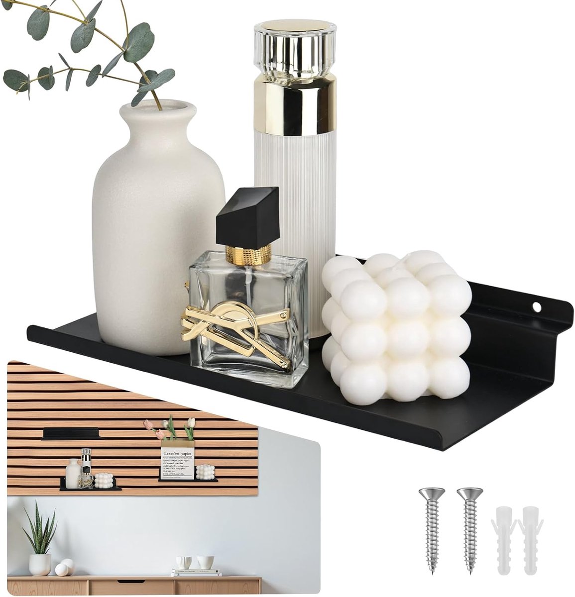 Planken van metaal, 25 x 10 cm, akoestische panelen, accessoires, zwart, zwevende wandplanken, akoestische panelen, plank voor woonkamer, slaapkamer
