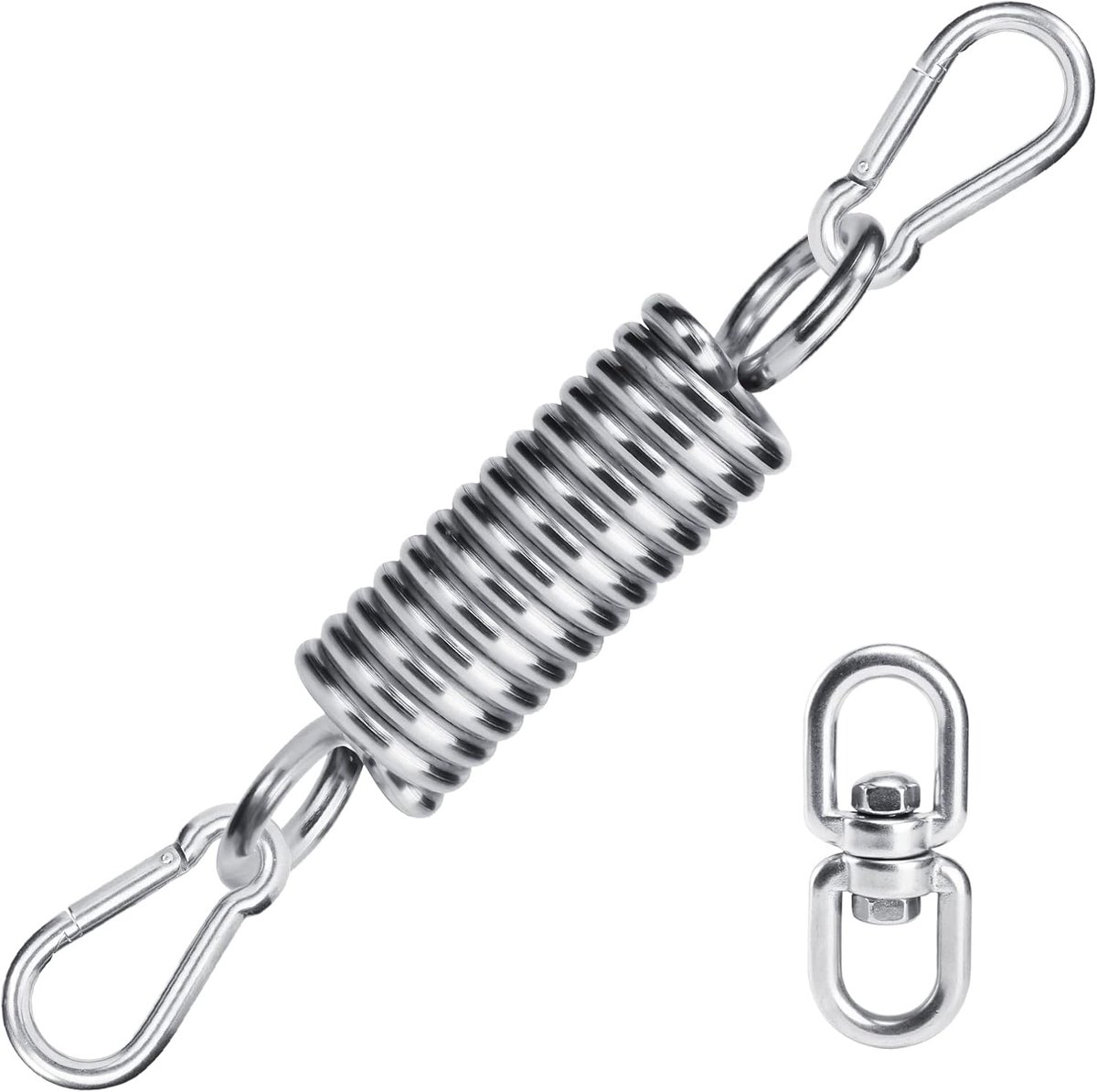 Hangstoel, schommelveer met 2 x M10 karabijnhaaken en 360° draaiende veerhaak, schommelveer, stalen veer, schommelhaak, ophanghaak voor hangstoel, bokszak, yogahanddoek