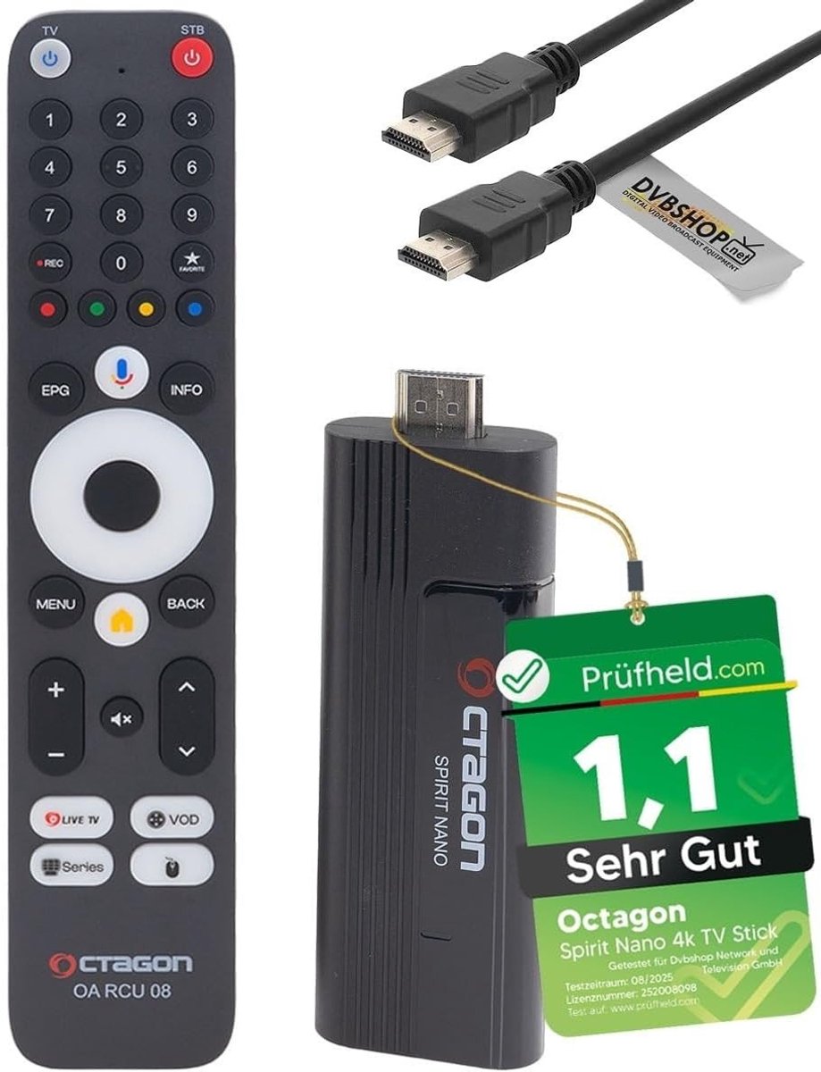 Android TV Stick - Octagon Spirit Nano 4K - 105 x 36 x 15 mm - Compacte TV Stick met Bluetooth Afstandsbediening - Voor Thuis en Onderweg