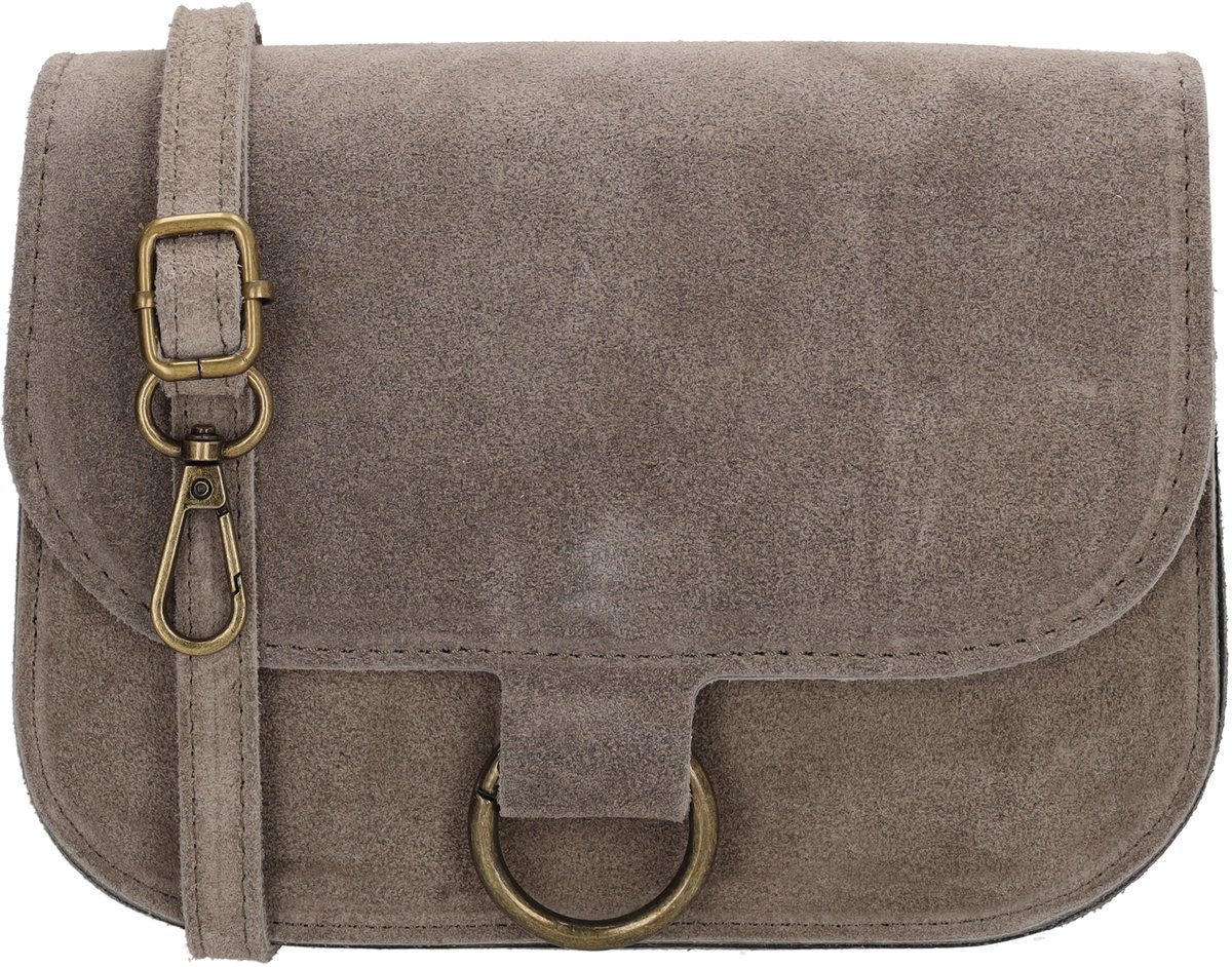 Charm London Vittoria Crossbodytas - Suede - Damestas - Schoudertas - Verstelbare Schouderband - Afneembare Schouderband - Compact - Leren Dames Tas - Donkertaupe