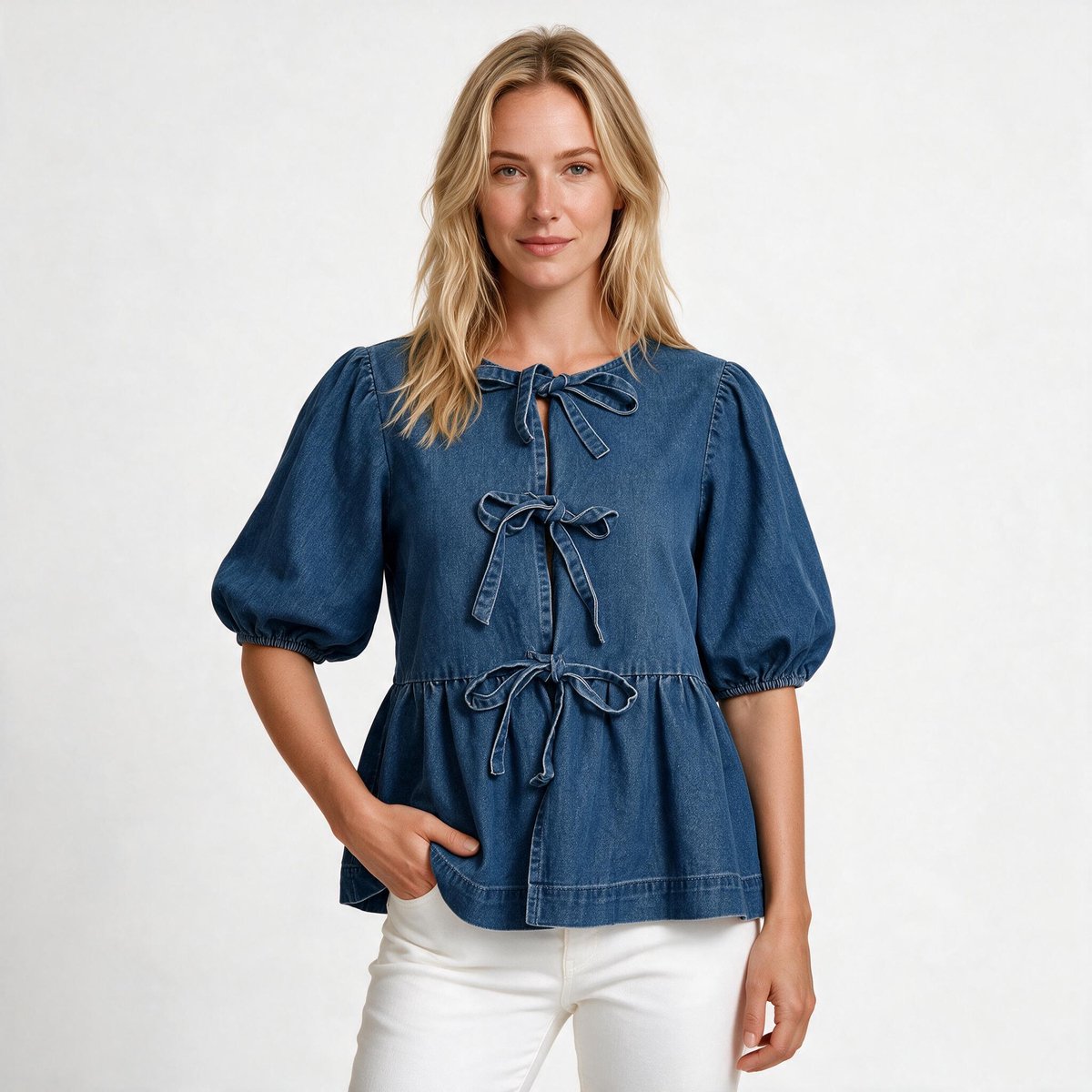 Imily Bela Dames Denim Blouse met Pofmouwen en Strikdetails