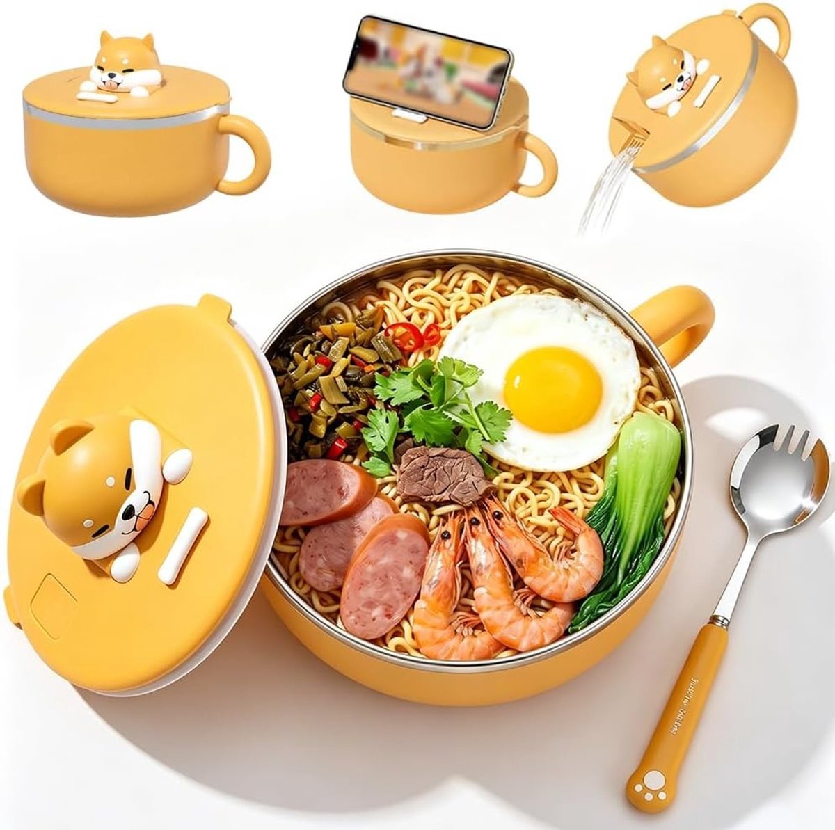 Ramen Kom met Deksel en Lepel - Boerderijhond - 1200 ml - Roestvrijstalen Thermo Kom - Voor Soep, Pasta en Salades