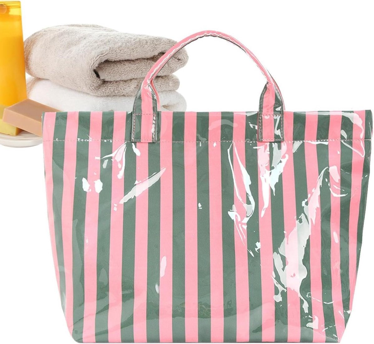 Gestreepte Shopper - Grote Handtas - Dagelijks Gebruik - Glanzende Waterdichte Afwerking - 44 x 31 cm - Zwart
