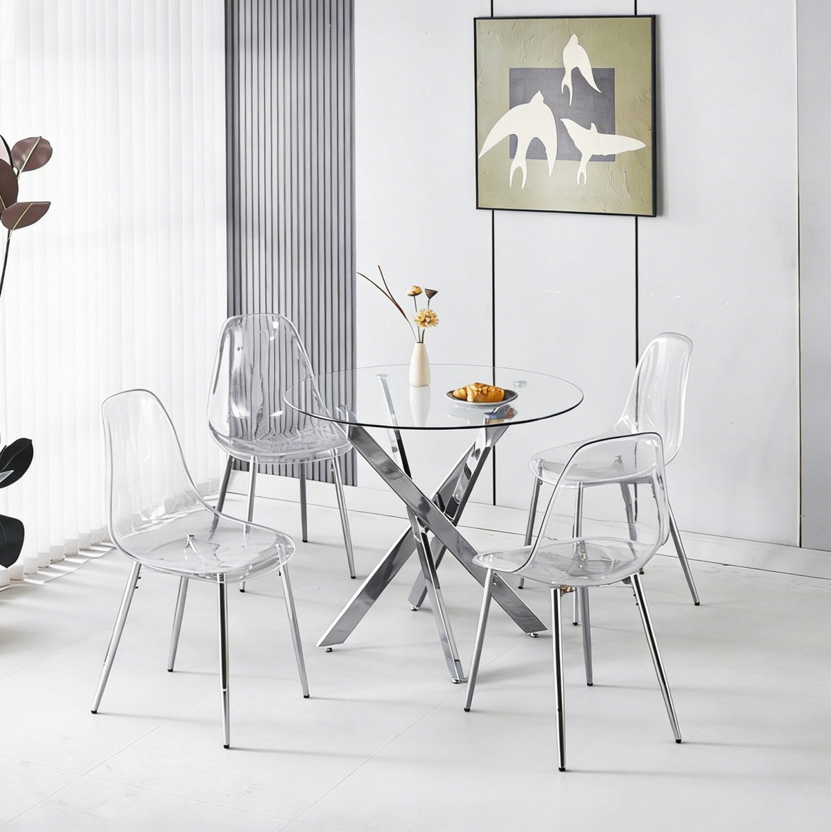 Wishdor Set tafel en stoelen - 1 tafel 4 stoelen - Modern chroom metaal transparante hoge rug stoelen - Eetkamer woonkamer modern interieur - Metaal kunststof - Chroom