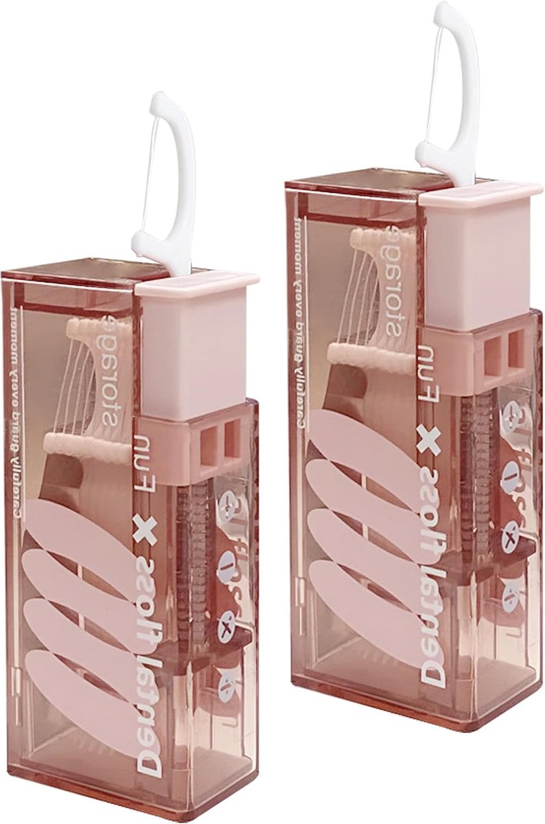 casalora Draagbare Flosdispenser Set van 2 – Navulbare Floshouder met Drukknop – Geschikt voor 10 Flosstokers – Roze
