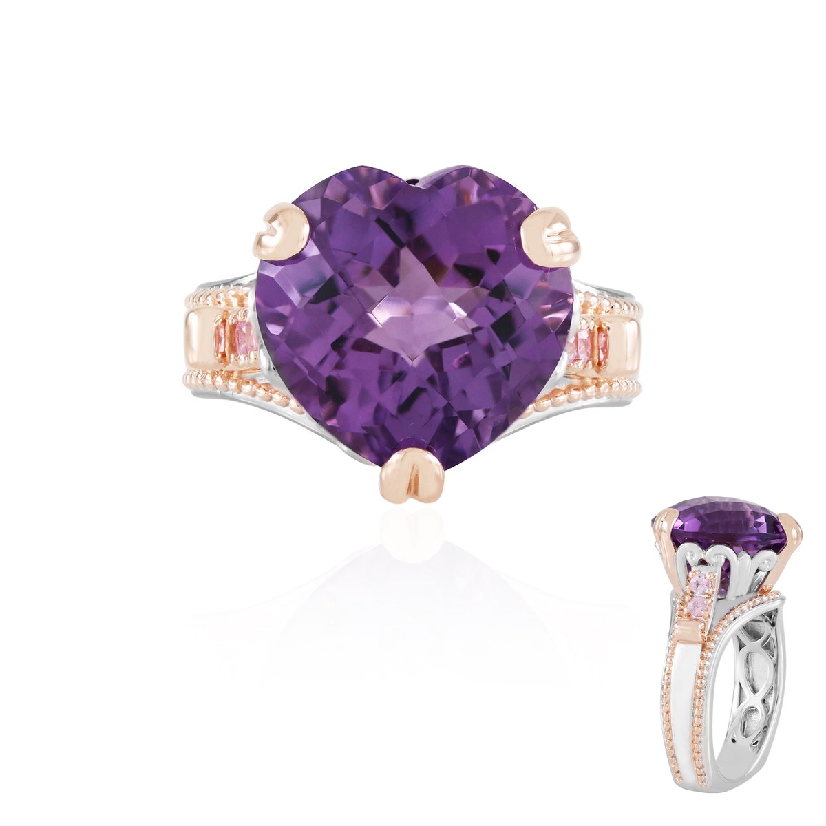 Cavill - Romantische Zilveren Ring met 8,1 ct Lavendel Amethist Hartvormig - 925 Sterling Zilver Palladium Laag - Roze Saffier 0,14 ct