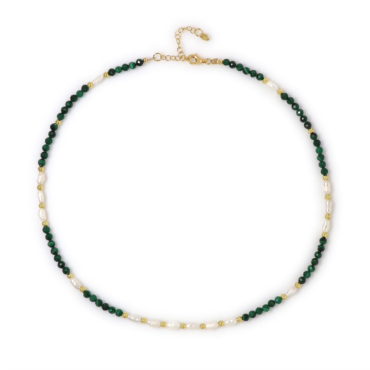 Cavill - Elegante Halsketting 925 Sterling Zilver Verguld - Malachiet 39.8 ct Rond Facet - Zoetwaterparel & Gouden Hematiet - Verstelbaar 45-50 cm