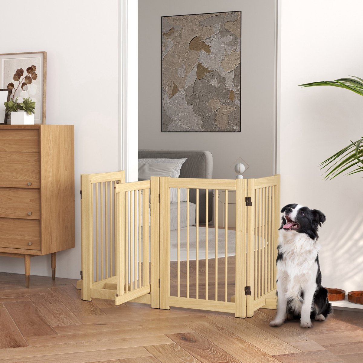REDOM - Hondenhek - 4-delig opvouwbaar - Met deur - Vrijstaand - Voor hal, keuken en trap - Hout - Natuurlijk hout - 204 x 75 cm