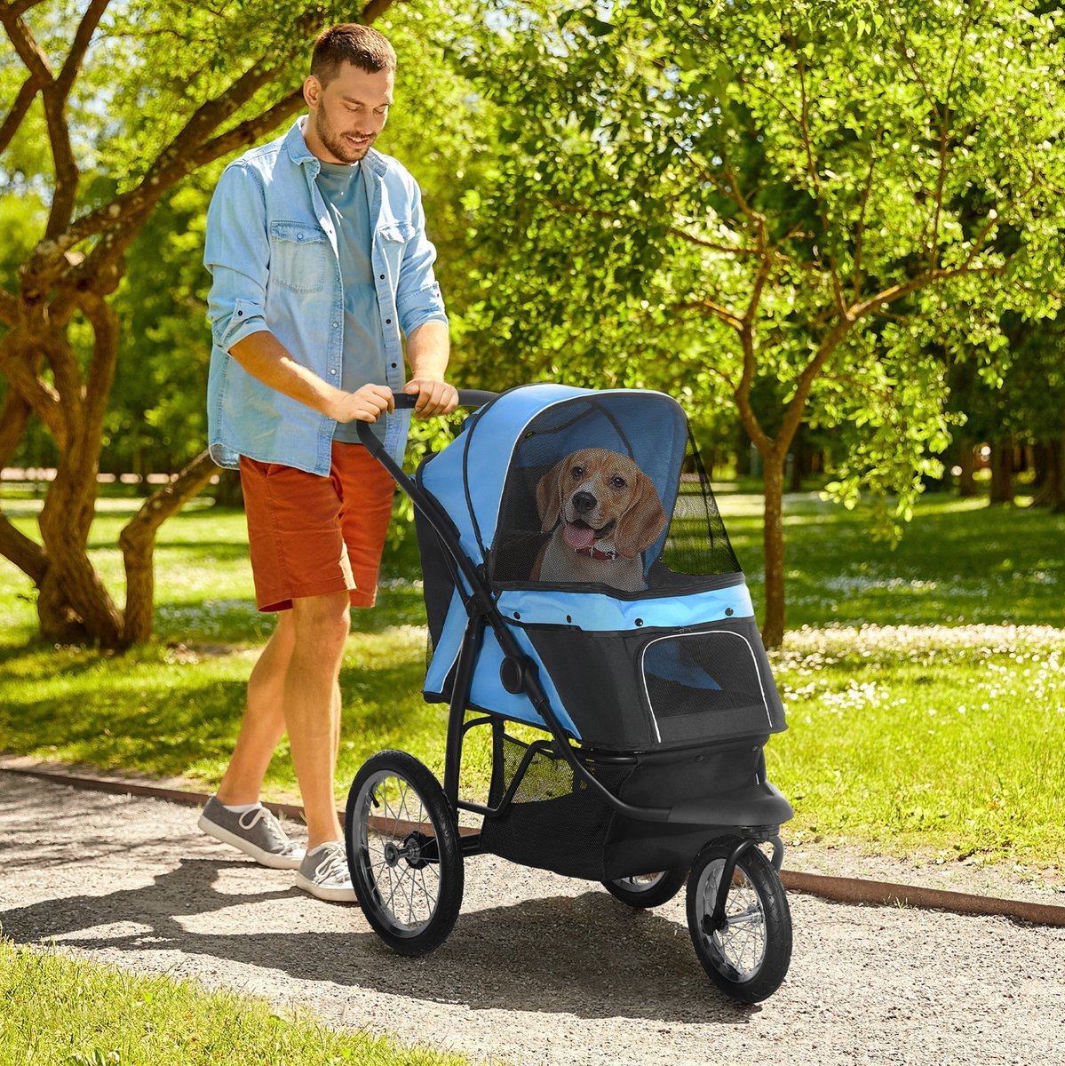 REDOM - Hondenbuggy - 3 wielen met vastzetbaar voorwiel - Opvouwbaar met opbergmand - Zonnescherm en gaasvensters - Voor honden - Polyester - Blauw - 111 x 58 x 107 cm