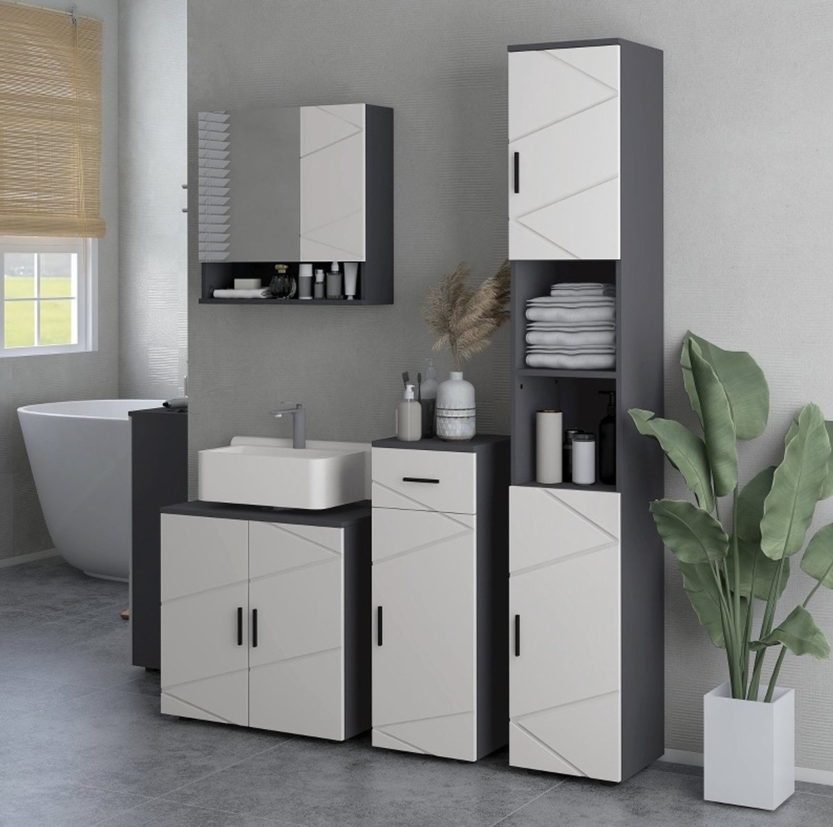 REDOM - Badkamerkast - U-vormige uitsparing - Dubbele deur met verstelbare plank - Onderkast voor wastafel - Spaanplaat - Grijs - 60 x 30 x 60 cm
