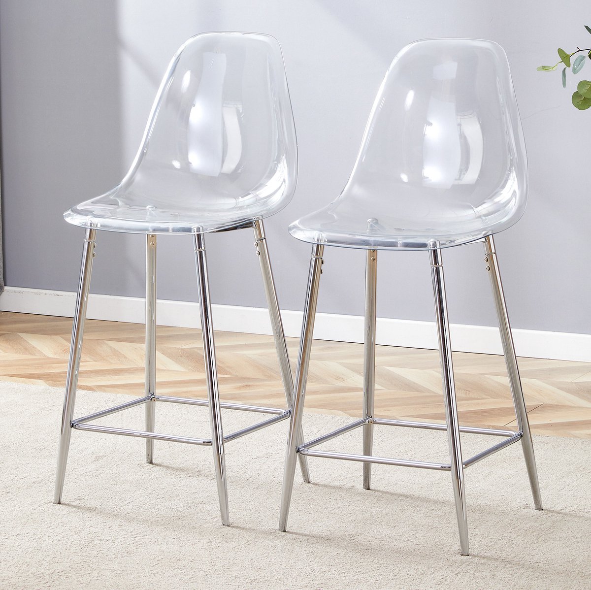 STILVORA Barkruk – Transparant Design – Set Van 2 – Met Rugleuning En Voetsteun – Voor Keuken, Bar En Eetkamer – Kunststof Zilver