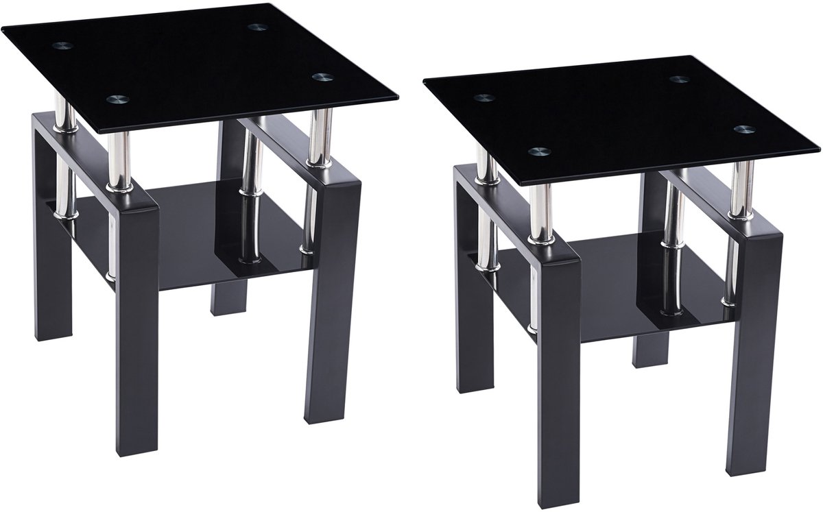 FloraGrace Bijzettafel Set Van 2 - Gehard Glas En Metalen Frame - Modern Voor Woonkamer, Slaapkamer En Kantoor - Zwart - Vierkant
