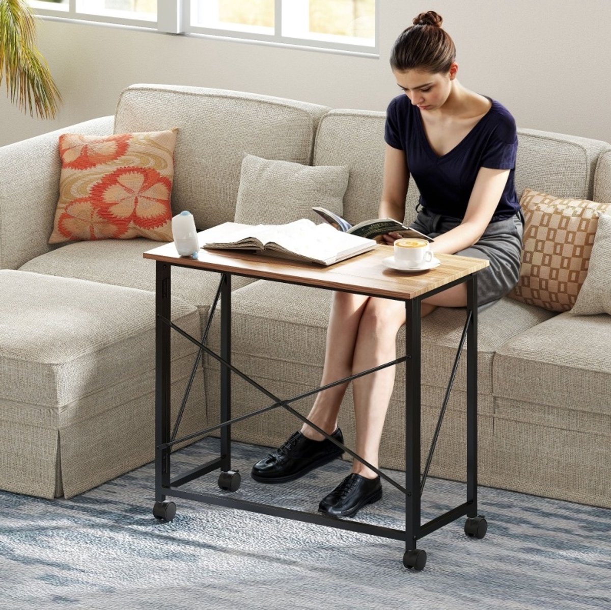 REDOM - Klapbureau - Inklapbaar ontwerp met vier wielen - X-vormige stalen constructie - Home office - MDF en staal - Eiken - 80 x 40 x 75 cm