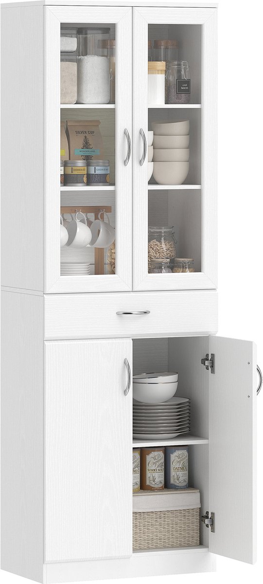 Homcom Keukenvoorraadkast-Spaanplaat, gehard glas-60L x 35D x 180H cm-Wit